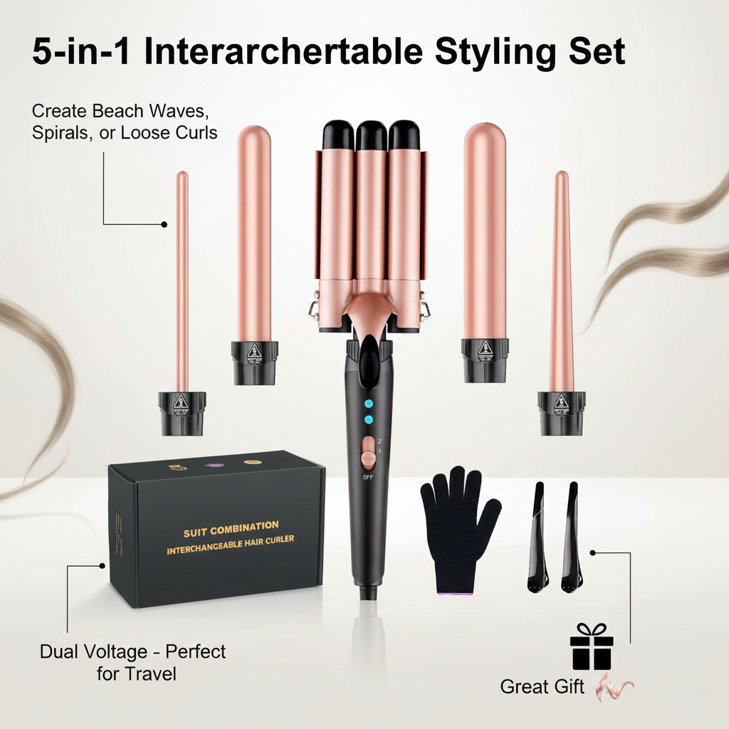 5-In-1 Hair Waver Curling Iron,3 Barrel Hair Crimper with Fast Heating Up